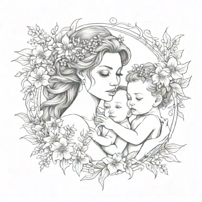 Mommy And Baby Girl With Larkspur Flowers Intertwined