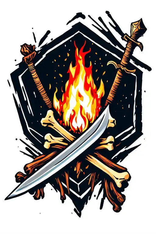 Bonfire On Bones With Protruding Sword And On A Hexagon Background