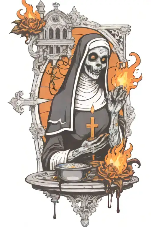 Zombie Nun Shushing With A Burning Church In The Background