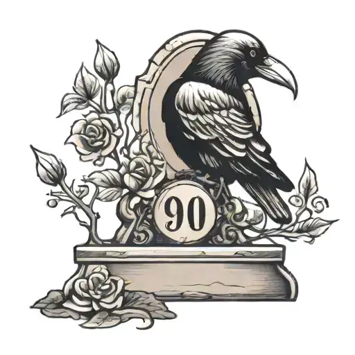 Grave Stone With The Number 909 And A Crow Standing On Top
