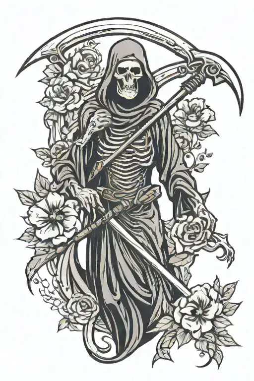 Grim Reaper With Scythe And Flowers