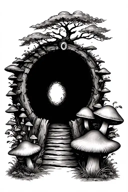 Hobbit Hole With Round Door And Tree Above And Mushrooms Out Front