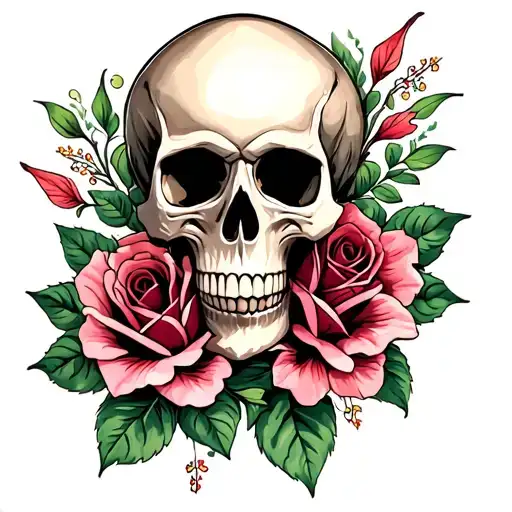 Skull And 2 Roses Mayflowers Hibiscus