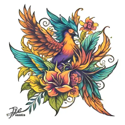 A Phoenix And A Bird Of Paradise Intertwined In A Vibrant Floral Design