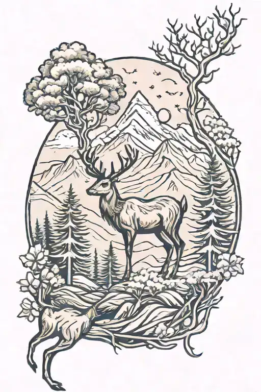 Trees With Mountain And Deer