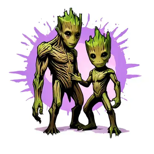 Baby Groot Playing Standing With Drax Standing In The Middle