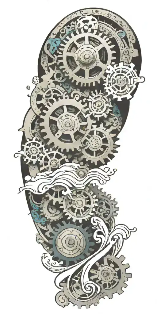An Intricate Mechanical Gear Tattoo With A Swirling Cloud Pattern And Crashing Wave Accents