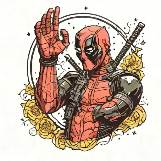 Deadpool Making A Heart With His Hands In Background Of A Starry Night Van Gogh