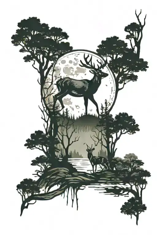 Deer In The Forest With Moon And Lake