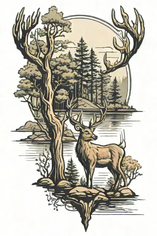 Deer In Forest With Lake In The Background