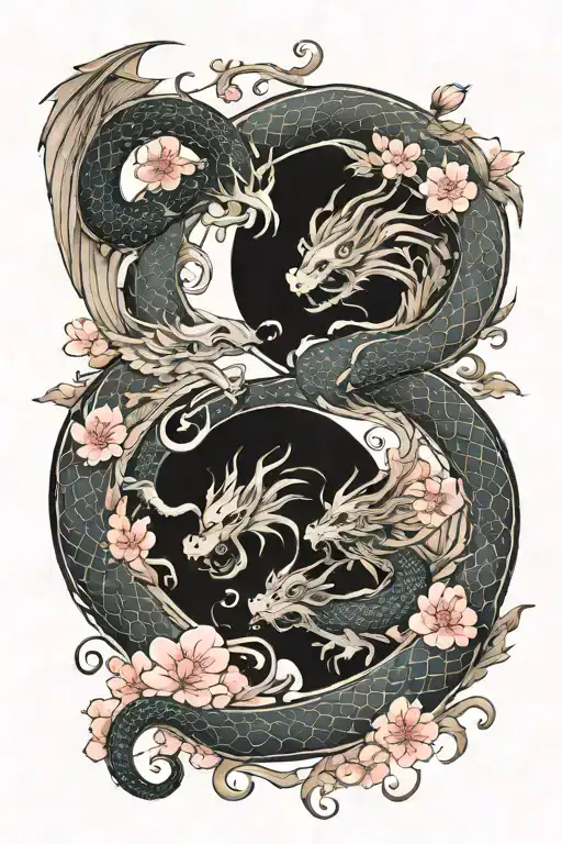 Yin And Yang Dragons With Sakura Background