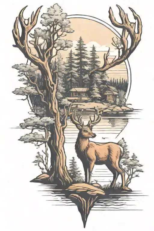 Deer In Forest With Lake In The Background