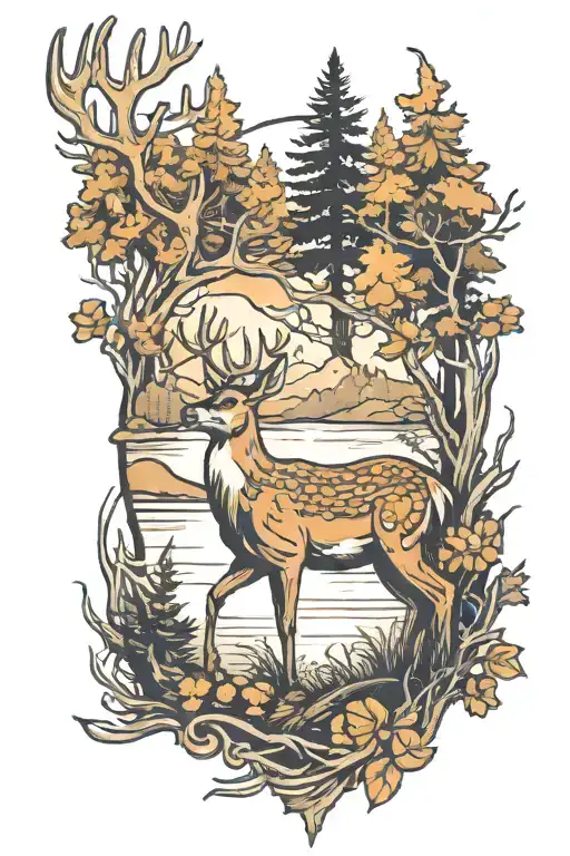 Deer In Deep Forest With Lake In The Background