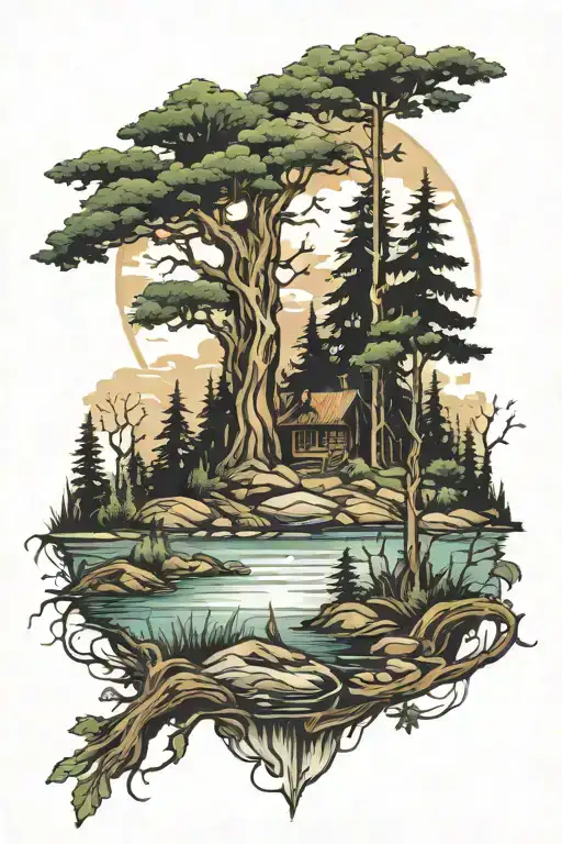 Deep Forest With Lake In The Background