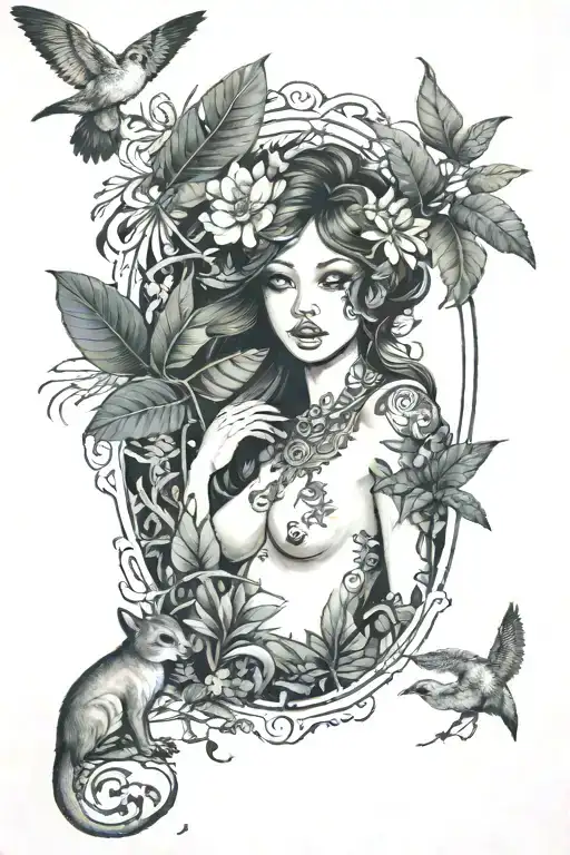 A Dreamy Nude Girl With Wild Animals Peeking Out From The Jungle Background