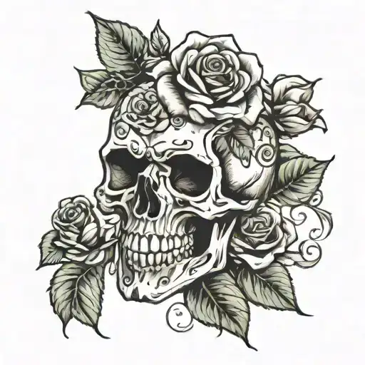 Skull And Roses Blooming
