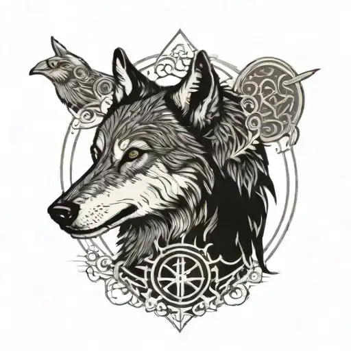 Black And White Wolf And Raven With Norse Runes