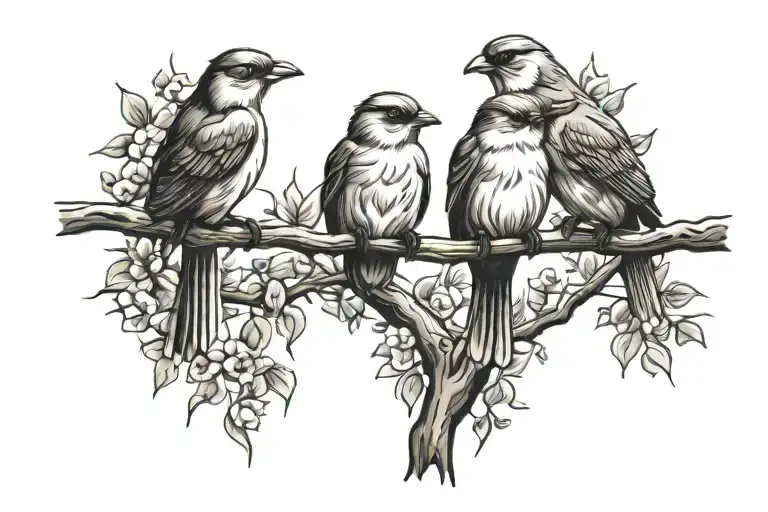 Bird Family On Branch