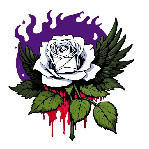 White Rose With Blood Dripping From Its Wings And Purple Fire Background