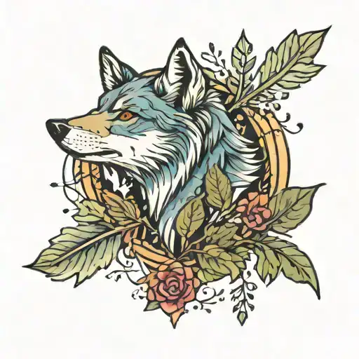 A Thin Arrow With Leaves Curling Around It And Traces Of A Wolf's Paws