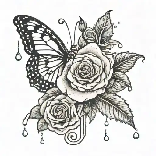Butterfly And Rose With A Rain Drop Falling Off The Pedal
