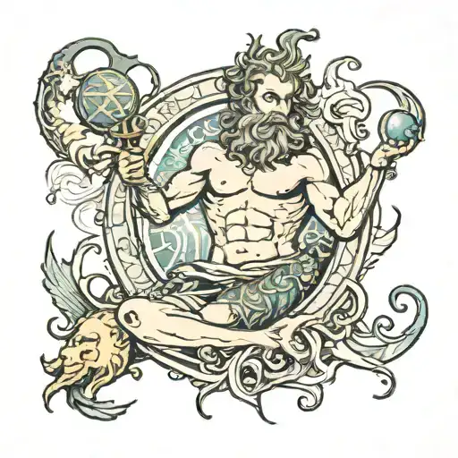 Diety Neptune With Neptune Planet Associated With Zodiac Pisces On The Biceps