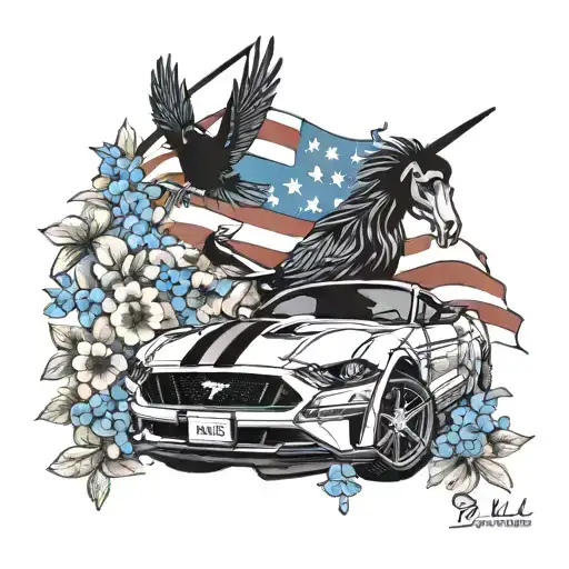 Ford Mustang And Blackbird And Vietnam Veteran Flag And Forget-me-not