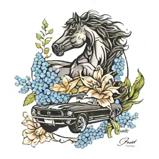Ford Mustang And Blackbird And Forget-me-not