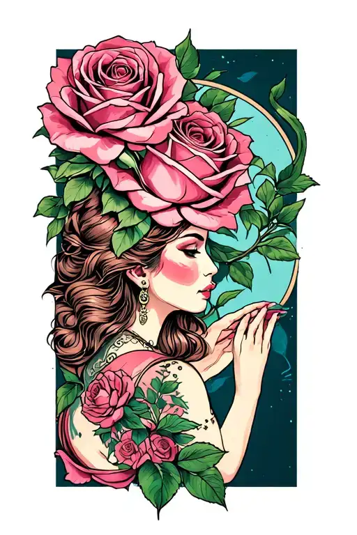 Pink Half Blooming Rose With Lady Coming Out Of Rose