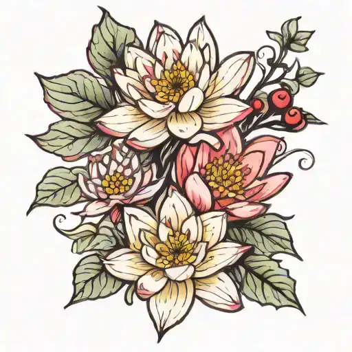 Water Lily And Holly Flowers With Stem