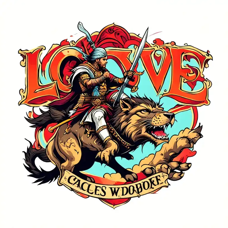 A Warrior Riding A Fierce Animal Into Battle With The Word 'Love' Incorporated