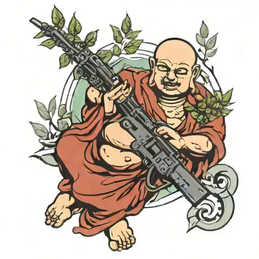 Standian Budhha Holding Olive Branch In One Hand And A Machine Gun In Another Hand