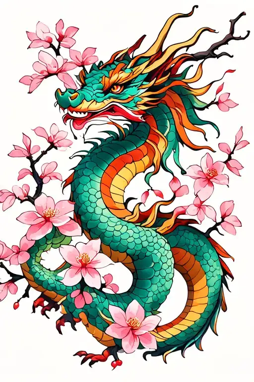 Dainty Japanese Dragon With Cherry Blossoms