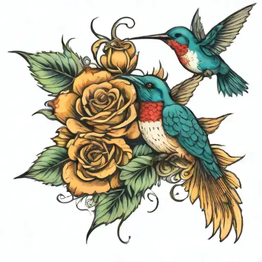 Sunflowers And Roses With A Hummingbird In Flight