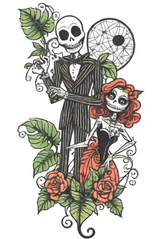 Jack And Sally Skellington And Monstera Plant