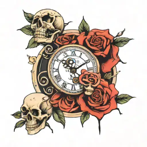 Rose Time Piece And Skull Surrounded
