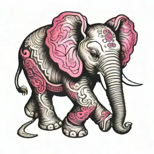 Baby Elephant Walking Happily With Hot Pink Color Inside Both Ears