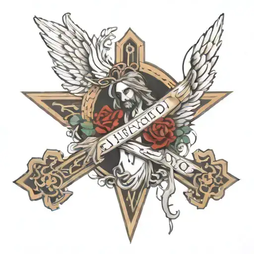 Cross With An Angel On The Left Jesus On The Right And The Three Crosses Below With My Last Name