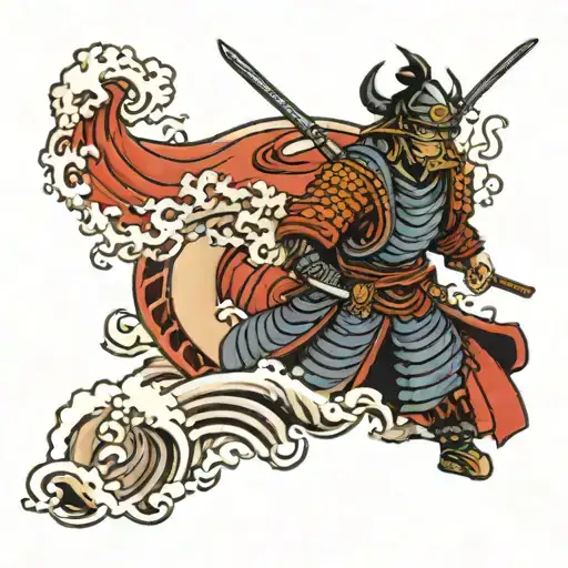 Samurai With Helmet And Sword Surrounded With Waves Crushing