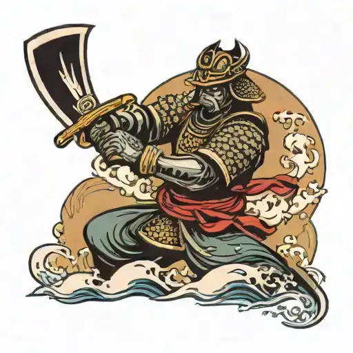 Samurai With Helmet And Sword In A Standing Position Raising From Sea Waves