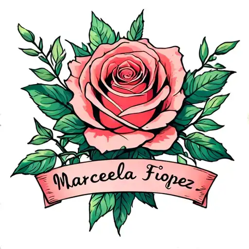Coral Rose Tattoo With The Name Marcela Lopez Figueroa As The Stem In Curseve