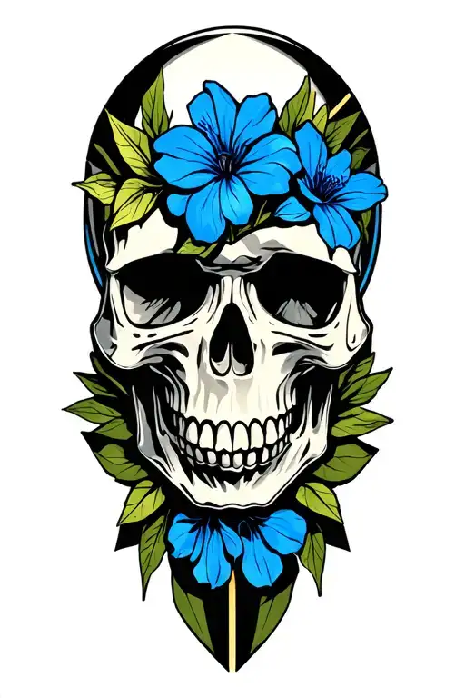 Skull With Blue Colorado Columbines And Geometric Lines