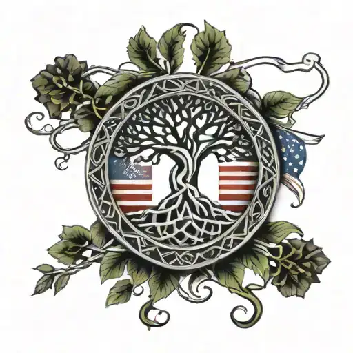 A Celtic Tree Of Life With Branches Shaped Like Military Insignias And American Flags