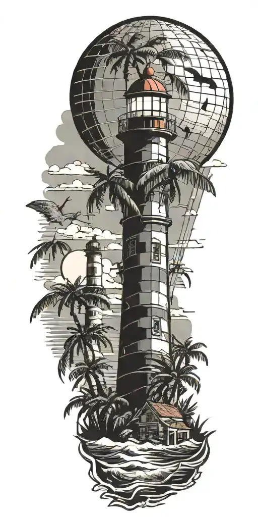 Light House Beach Scene With Palm Trees And Hot Air Balloons