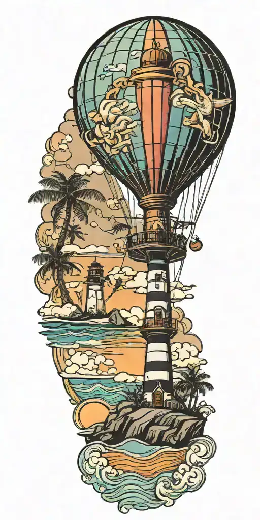 Light House Beach Scene With Palm Trees And Hot Air Balloons