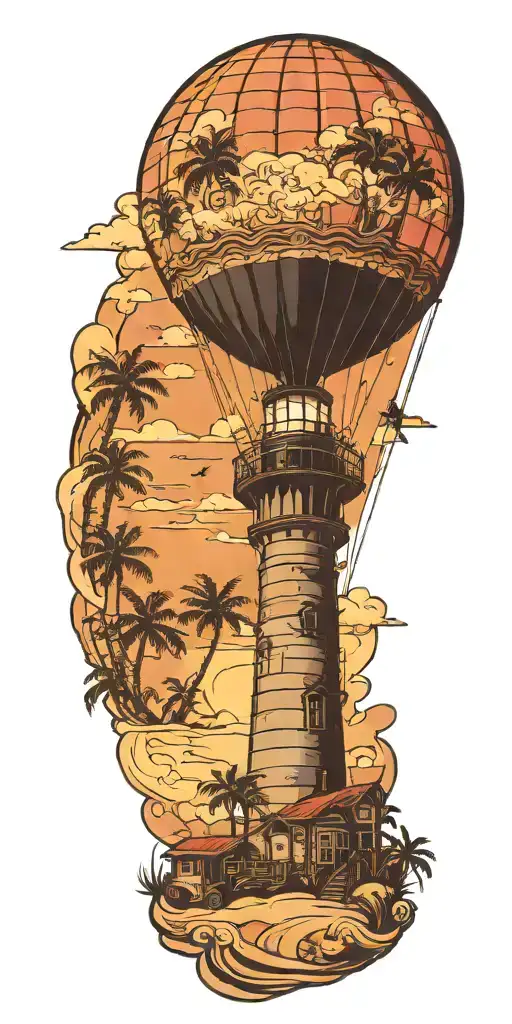 Light House Beach Scene With Palm Trees And Hot Air Balloons