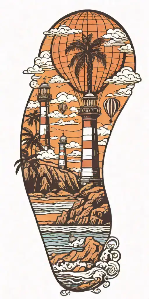 Light House Beach Scene With Palm Trees And Hot Air Balloons