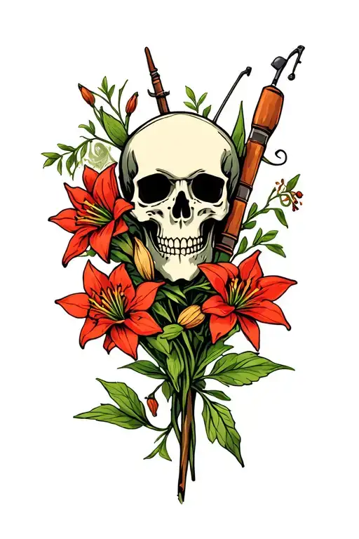 Colorado Columbines Flowers With Skull And Fishing Pole