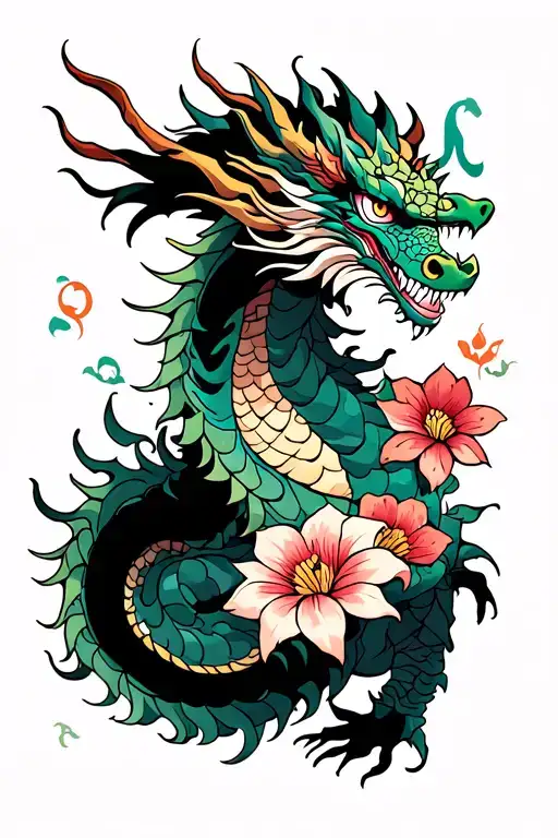 Asian Dragon With Virgo And Cancer Flowers Growing