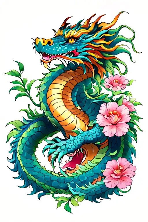 Asian Dragon With Virgo And Cancer Flowers Growing
